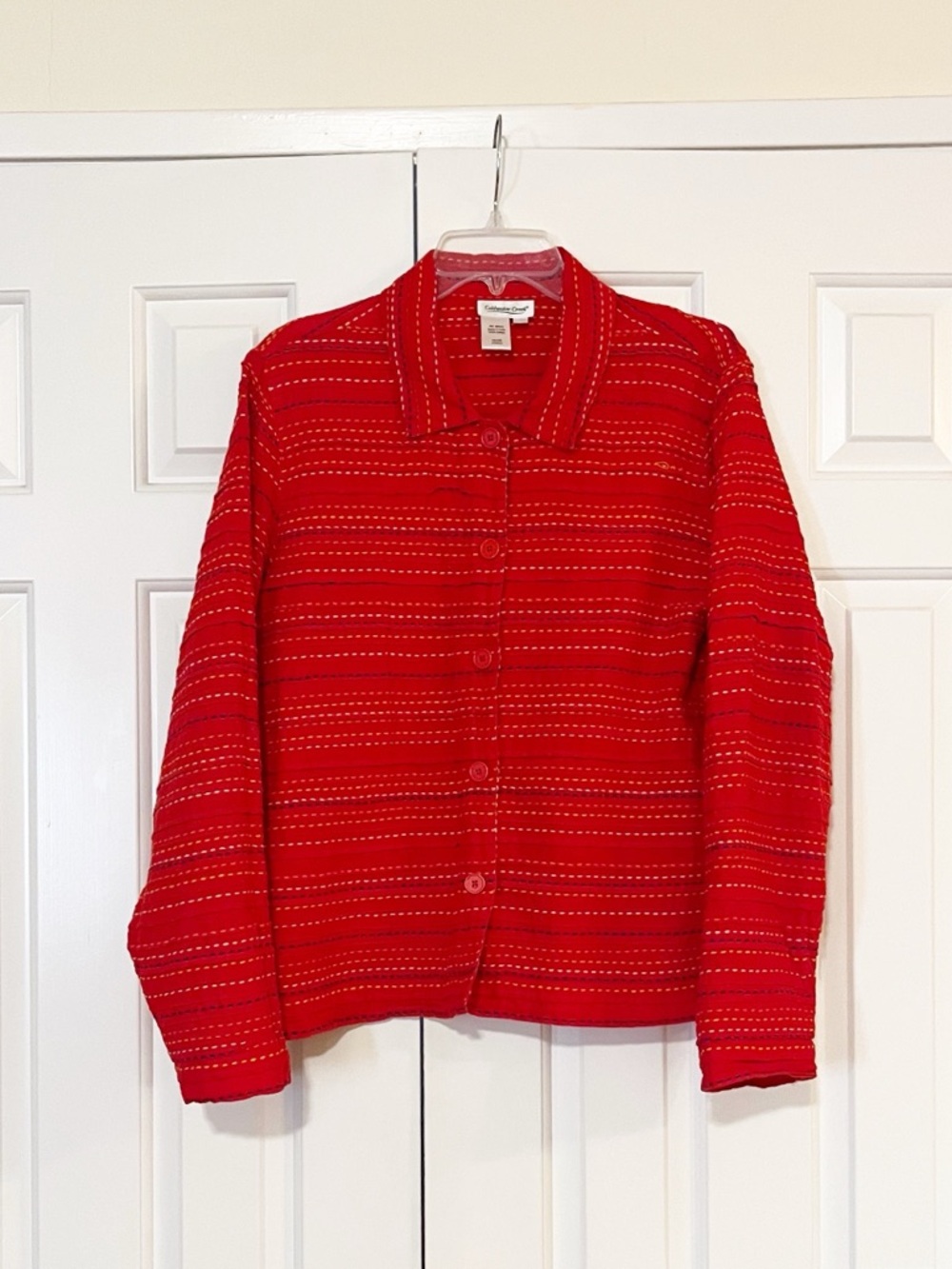 Coldwater Creek red button front jacket with embroidered horizontal stripes. L